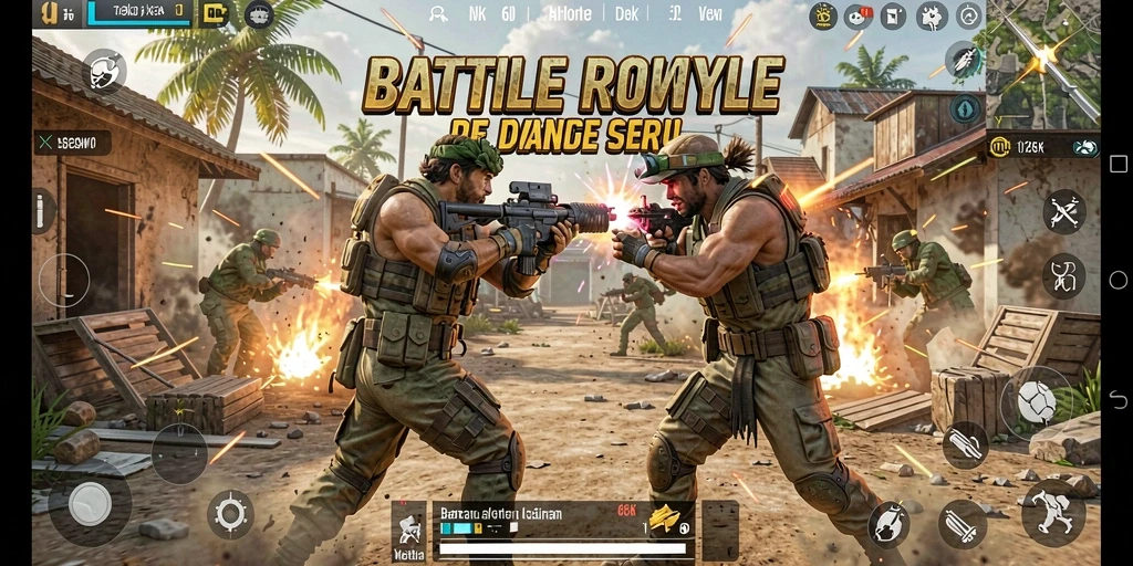 Tangkapan layar utama 66K menampilkan aksi seru dalam pertempuran Battle Royale.