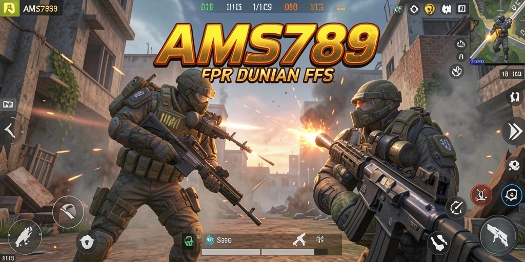 Screenshot utama menampilkan aksi menembak intens di AMS789.