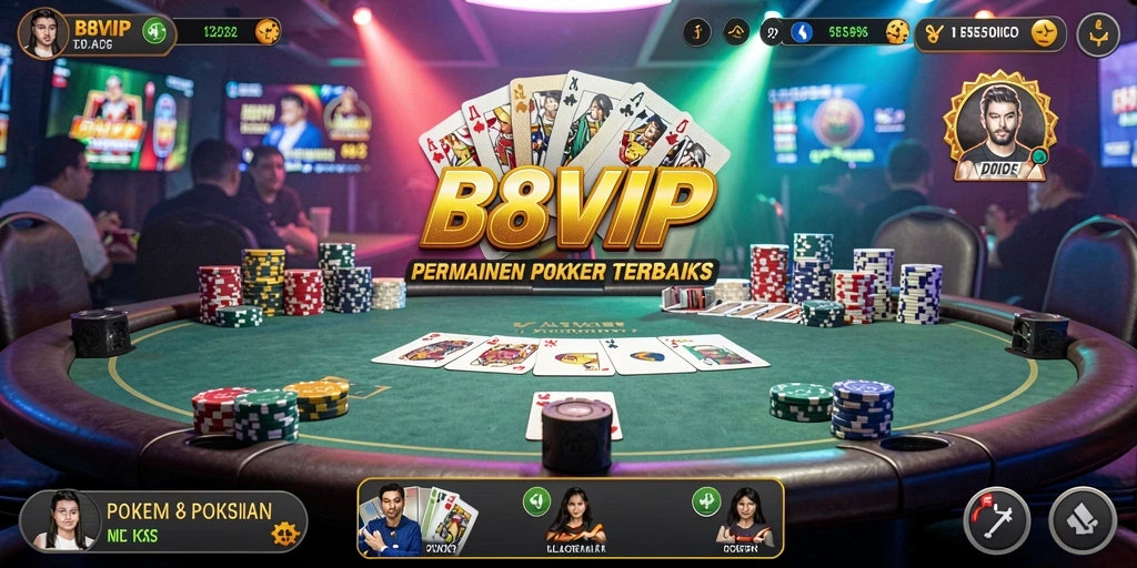 Tampilan gameplay menarik dalam aplikasi B8VIP dengan suasana poker yang mendebarkan.
