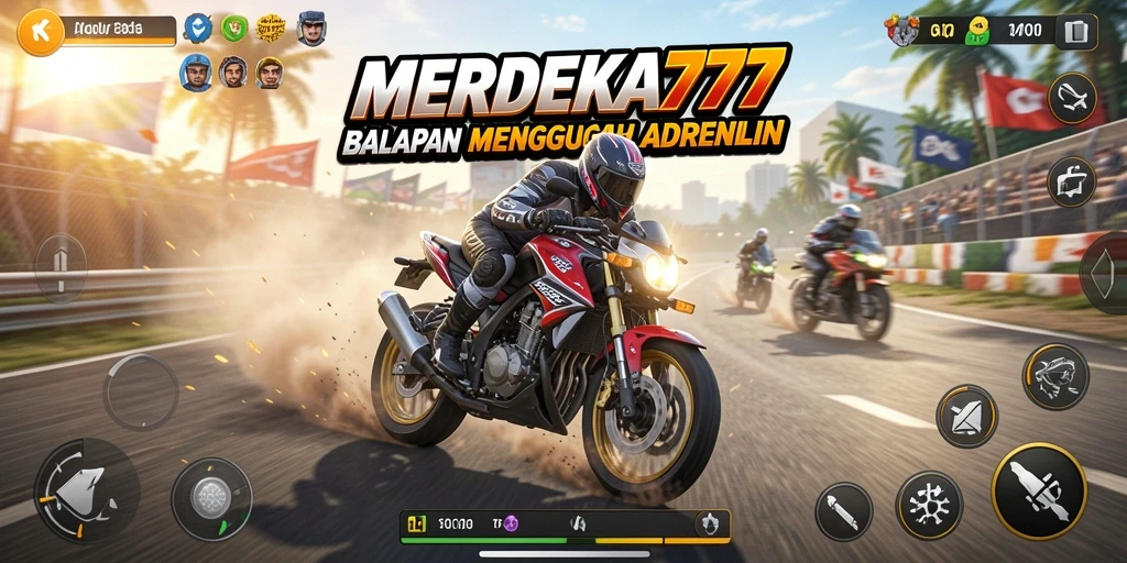 Gameplay MERDEKA777 menampilkan aksi balapan motor yang seru dan mendebarkan.