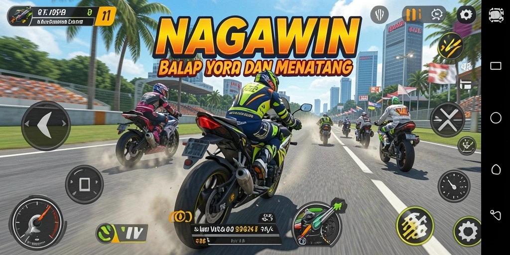 Screenshot gameplay NAGAWIN menampilkan aksi balap motor yang mendebarkan.